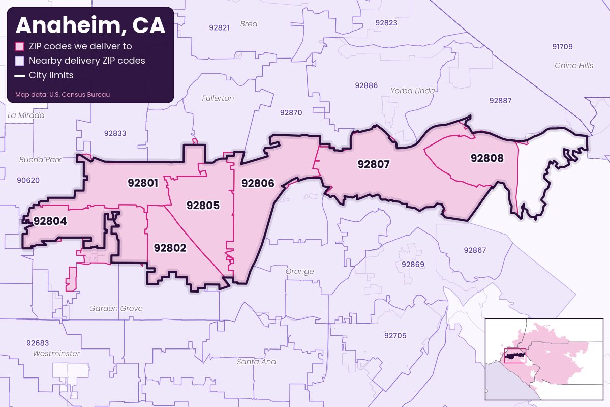 Map of Anaheim, CA showing the ZIP codes Weedyy Delivers delivers to: 92801, 92802, 92804, 92805, 92806, 92807, 92808