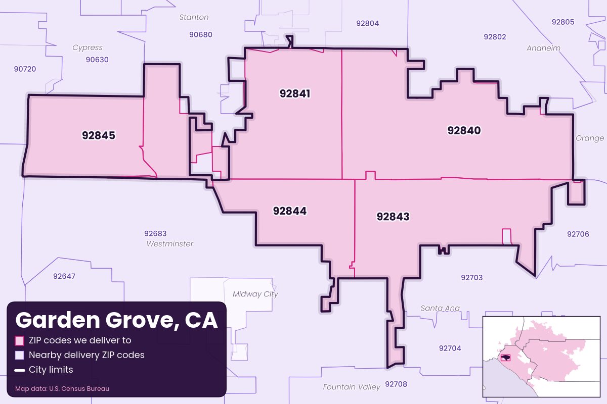 Map of Garden Grove, CA showing the ZIP codes Weedyy Delivers delivers to: 92840, 92841, 92843, 92844, 92845