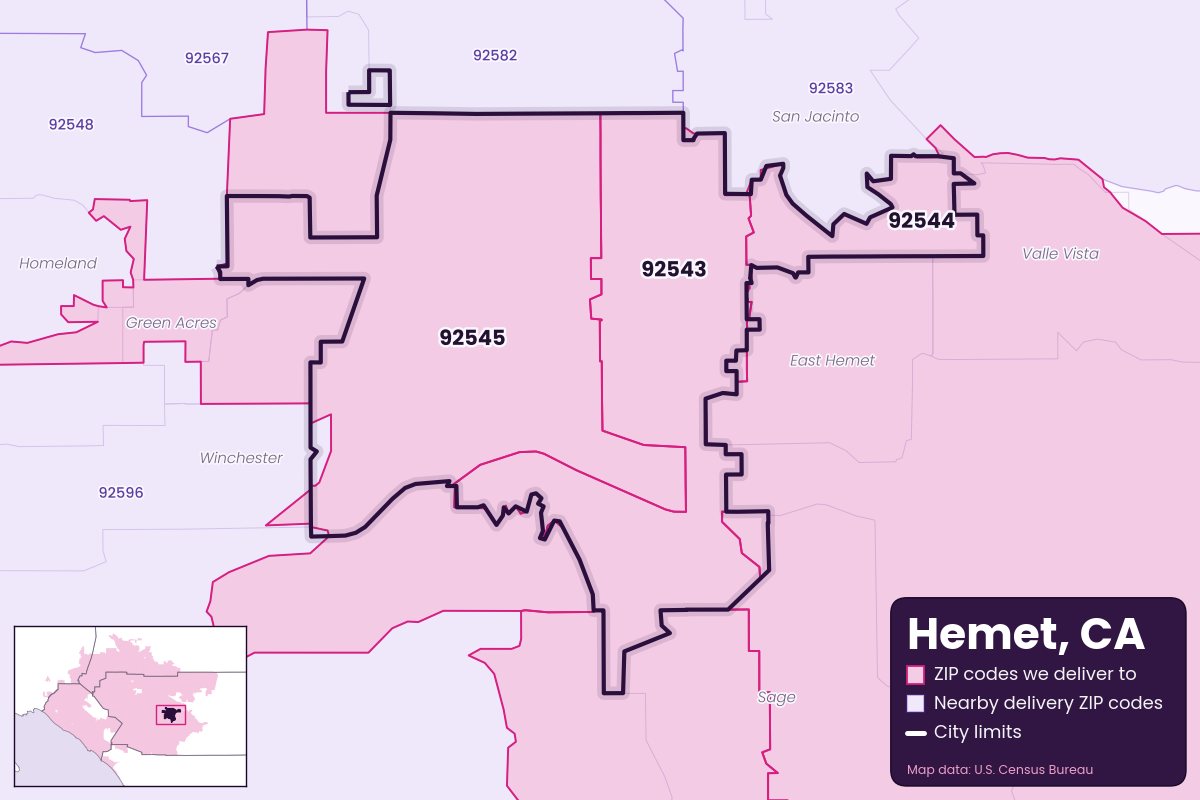 Map of Hemet, CA showing the ZIP codes Weedyy Delivers delivers to: 92543, 92544, 92545