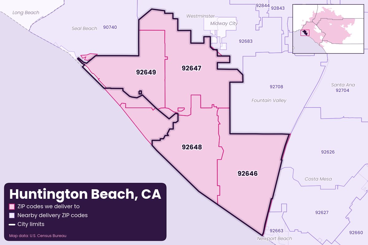 Map of Huntington Beach, CA showing the ZIP codes Weedyy Delivers delivers to: 92646, 92647, 92648, 92649