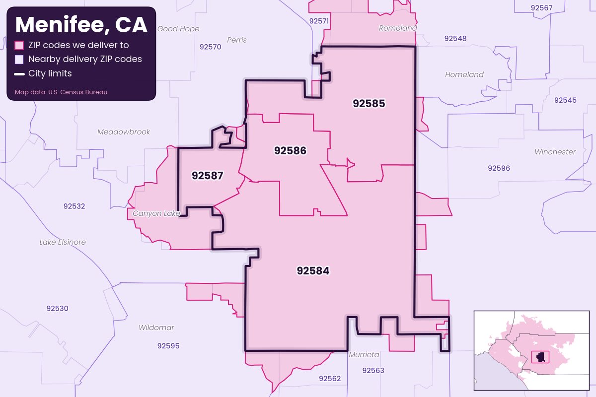 Map of Menifee, CA showing the ZIP codes Weedyy Delivers delivers to: 92584, 92585, 92586, 92587