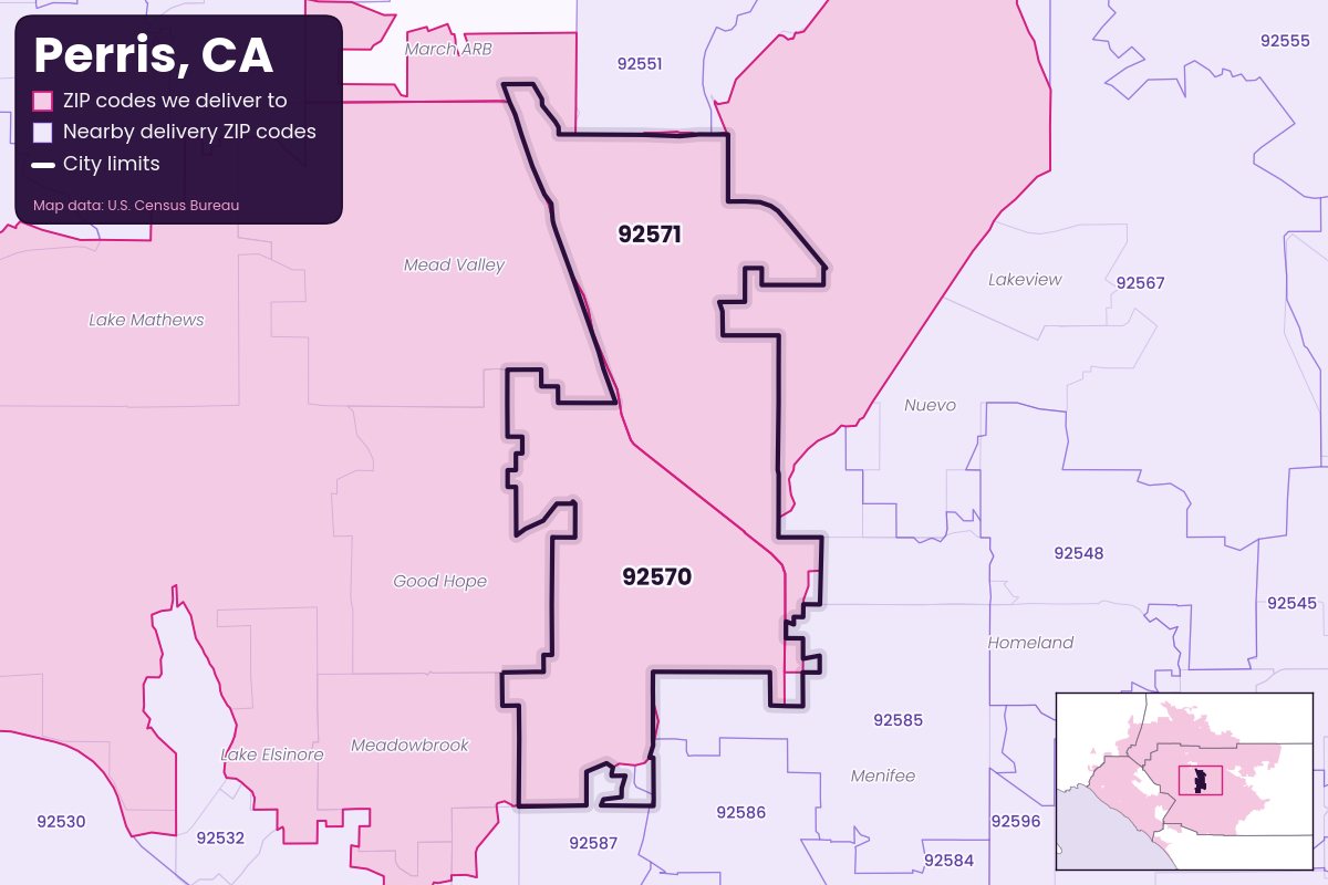 Map of Perris, CA showing the ZIP codes Weedyy Delivers delivers to: 92570, 92571
