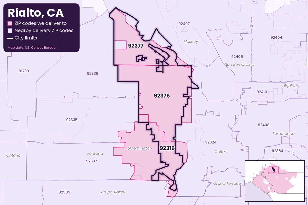Map of Rialto, CA showing the ZIP codes Weedyy Delivers delivers to: 92316, 92376, 92377
