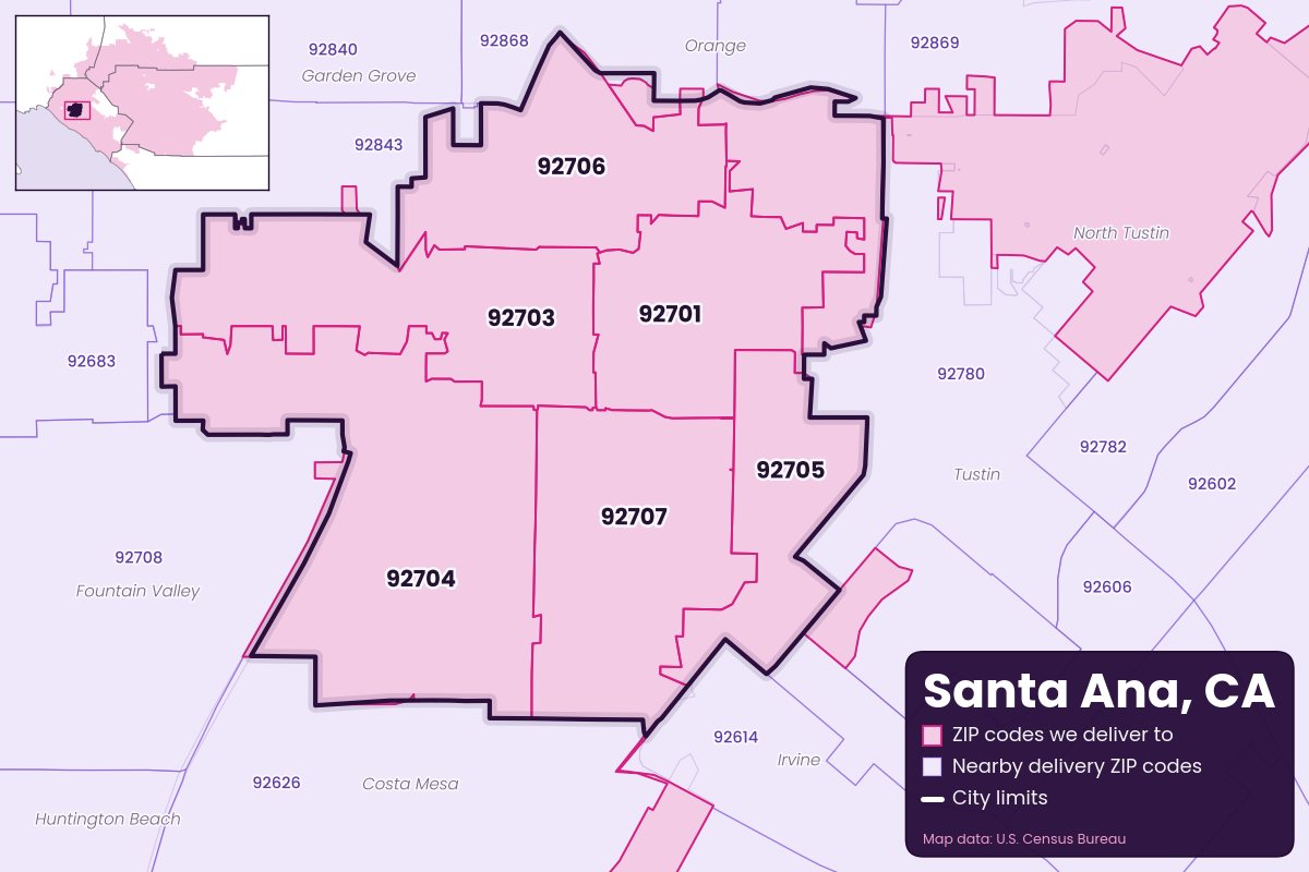 Map of Santa Ana, CA showing the ZIP codes Weedyy Delivers delivers to: 92701, 92703, 92704, 92705, 92706, 92707